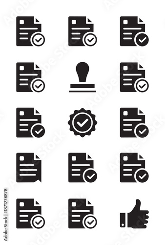 Collection of black document with checkmarks and a thumbs up symbol approval stamp