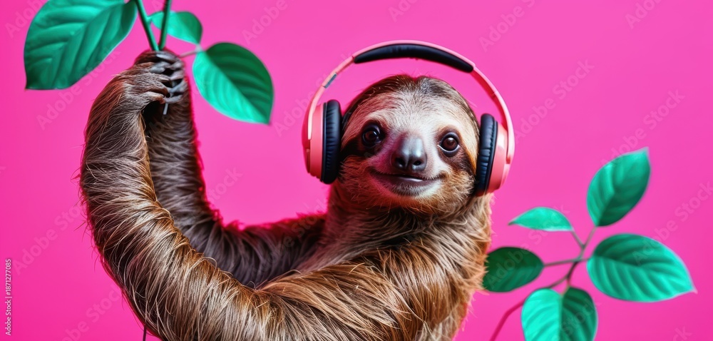 Fototapeta premium A smiling sloth wearing pink headphones hangs from a leafy branch against a vibrant pink background