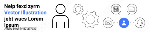 Online services, teamwork, user interface, customer support, business solutions, connectivity. Outline of a person, network icons gears. Online services and teamwork visualization concept