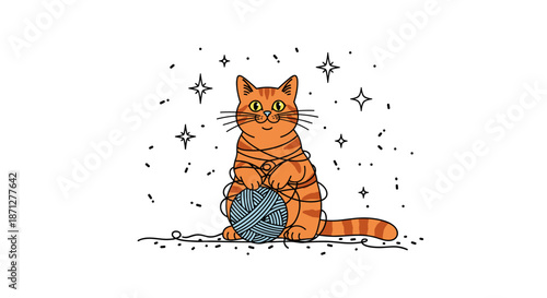 Adorable ginger tabby cat character tangled up in a ball of blue yarn with sparkles in the background for a playful illustration.
