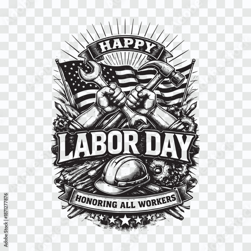 Labor Day Emblem with Industrial Tools and Clenched Fist