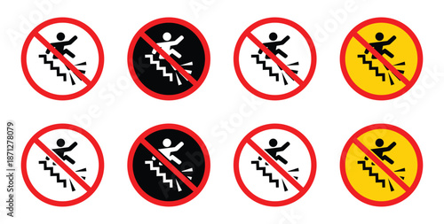 No Running on Stairs. Vector No Running or Climbing on Stairs Sign. Red Prohibition Icon for Safety. Please Do Not Run on stairs Symbol.