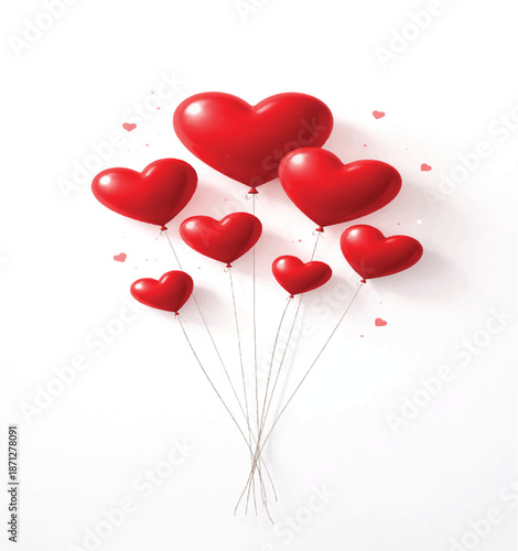A minimalist Valentine’s Day illustration featuring delicate red heart-shaped balloons floating gracefully against a clean white background. Thin strings and soft shadows enhance the sense of lightnes