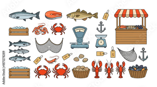 Seafood market stall with fresh fish and shellfish