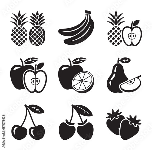 Collection of black fruit including pineapples apples bananas pears cherries and strawberries
