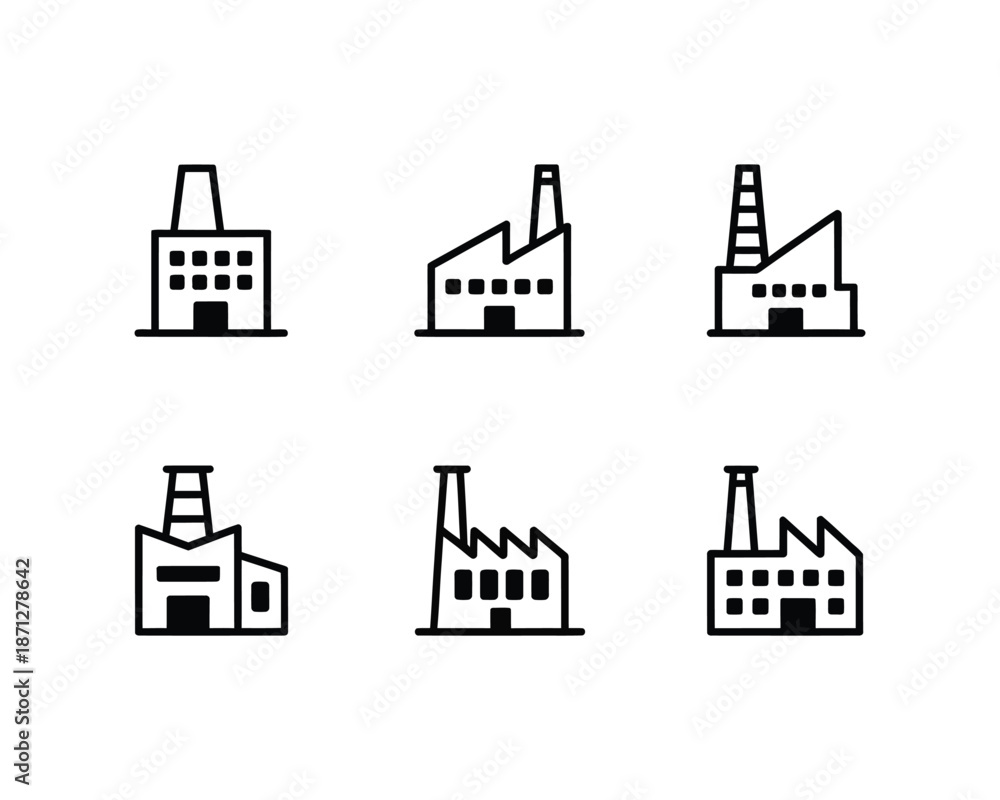 Obraz premium Six diverse factory building icons set in thin line style showing various industrial architectures including silos warehouses and manufacturing plants