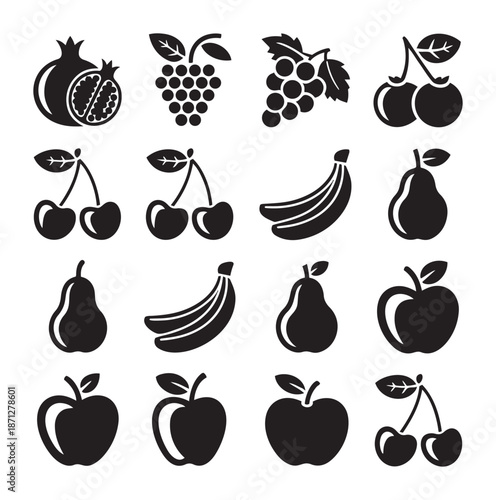 Collection of black fruit including pomegranate grapes cherries bananas and pears cherry