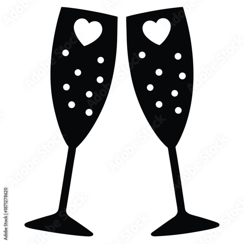 champagne glasses  heart bubbles  vector icon