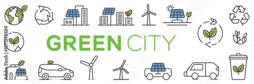 Green city vector line icon set. green energy, eco-friendly urban environment, ecology, smart city, sustainable concept