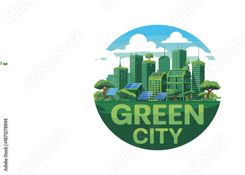 Green city vector illustration. buildings with solar panels and trees, blue sky. green living, sustainable future concept