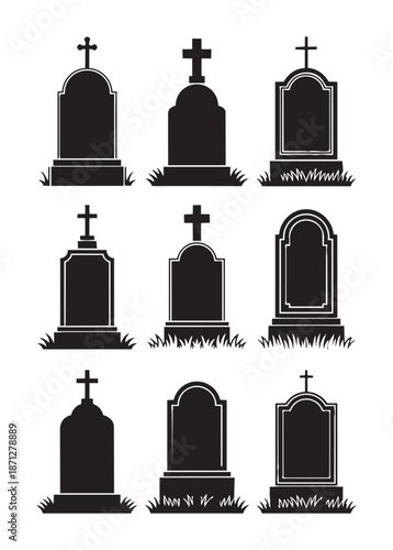 Collection of black gravestone silhouettes with crosses white tombstone cemetery
