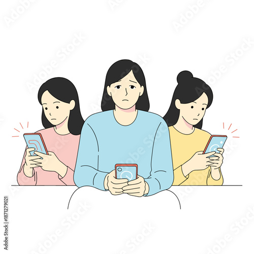 Three young women using smartphones with varying expressions in casual setting  