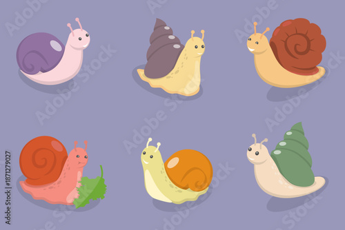 3D Isometric Flat Vector Set of Kawaii Snails, Funny Cartoon Mollusks