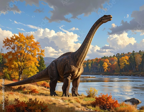 Majestic Brachiosaurus Roaming by the River in Autumn Landscape.