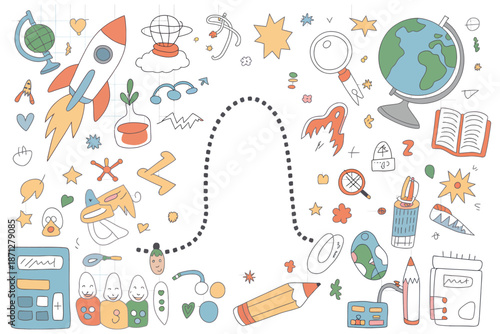 education and learning doodle elements with rocket globe books calculator pencils and children figures representing science creativity and childhood journey of discovery