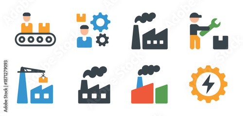 factory icons set depicting industrial production manufacturing process logistics and energy generation with gears workers and machinery for business and industry concepts