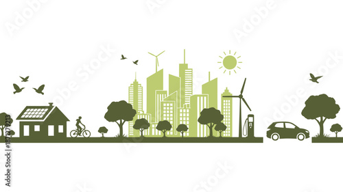 Sustainable green city illustration future smart metropolis landscape with eco friendly house wind power turbines and electric vehicle charging station clean environment