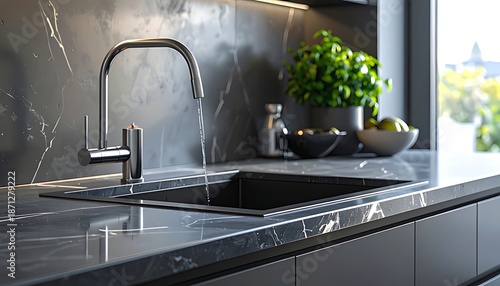 Modern Kitchen Sink with Running Water and Marble Countertop.
