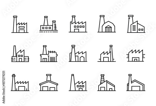 Manufacturing factory line icons set production industry buildings vector illustration collection industrial zone symbols and warehouse architecture outline style