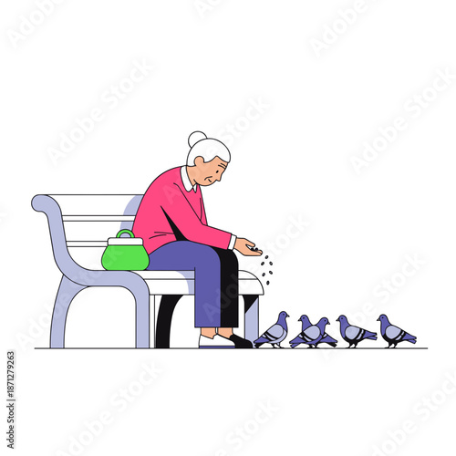 Elderly woman feeding pigeons while sitting on a bench in a park  