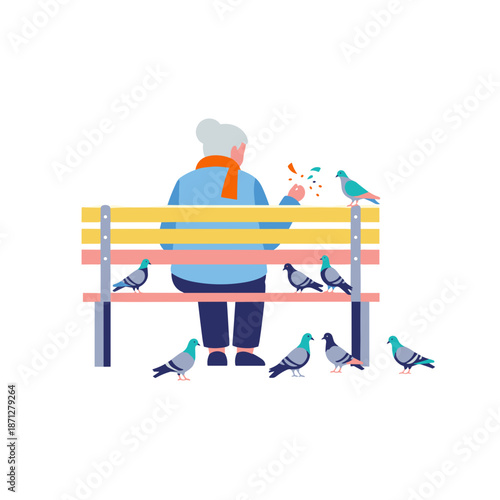 Elderly woman feeding pigeons while sitting on a park bench  