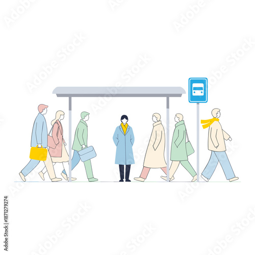 Man standing alone at bus stop while commuters walk by 