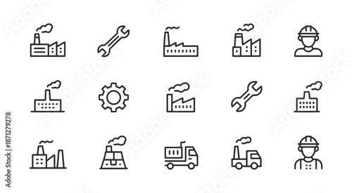 Industrial process thin line vector icons set representing factory buildings manufacturing machinery construction tools and mechanical engineering worker symbols