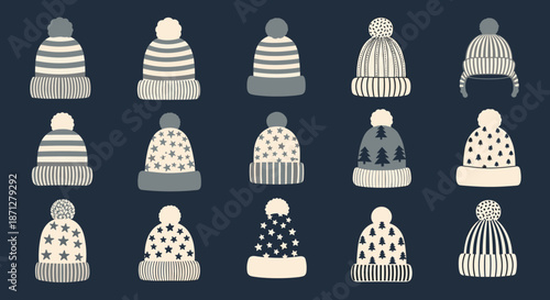 Collection of fifteen cozy winter hats with pom-poms featuring various patterns like stripes stars and trees in a monochrome style.