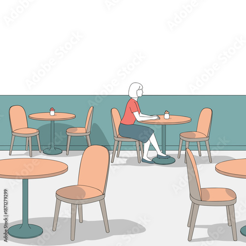 Female sitting alone at a cafe table in minimalistic interior  