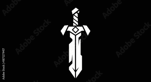 Stylized white sword silhouette against a dark background