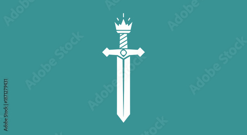White sword with crown on teal