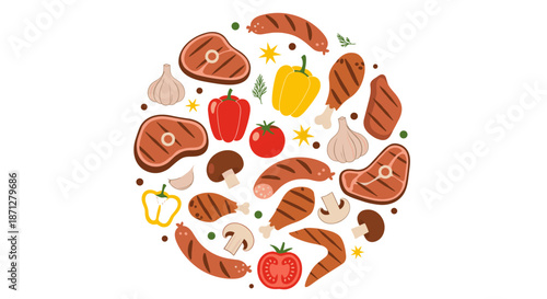 Circular arrangement of delicious barbecue food items including grilled steaks sausages and chicken wings with fresh vegetables.