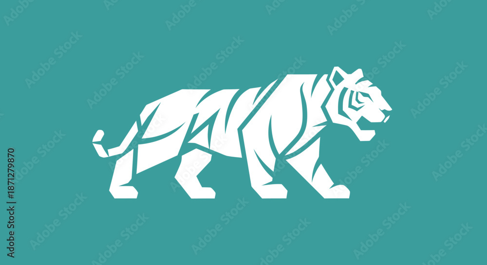 Fototapeta premium Stylized tiger in white, angular design on teal background