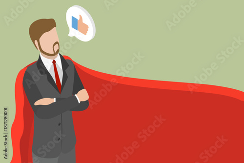 3D Isometric Flat Vector Illustration of Businessman-superhero, Strikes A Gallant Pose In Magnificent Red Cape