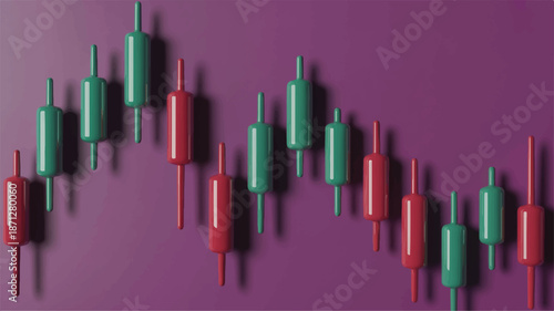 3D Candlestick Stock Chart with Downward Trend on Purple Background stock market