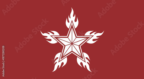 White starburst with flames on a red background