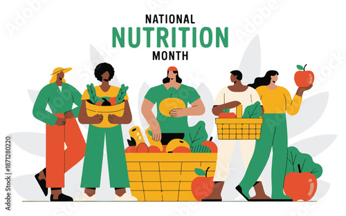 National Nutrition Month Celebration Illustration with Diverse People Holding Baskets of Fresh Fruits and Vegetables