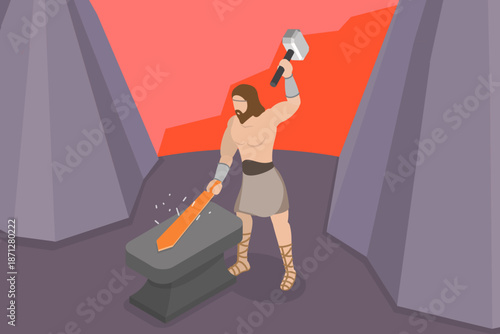 3D Isometric Flat Vector Illustration of Hephaestus - Greek God, Master Of Fire And Metalwork