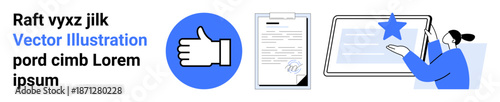 Digital workflow, rating systems, online agreements, business approval processes, digital feedback, modern technology. Hand showing thumbs-up, document signing star rating concept. Digital workflow