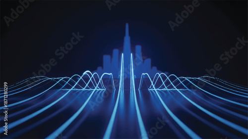 Abstract Blue Light Waves Forming City Skyline traced illustration