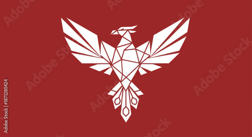 Geometric phoenix white, angular design on a solid red field