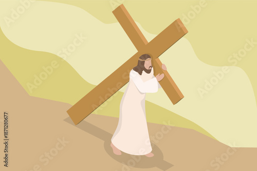 3D Isometric Flat Vector Illustration of Jesus And Cross, Son of God in Crown of Thorns