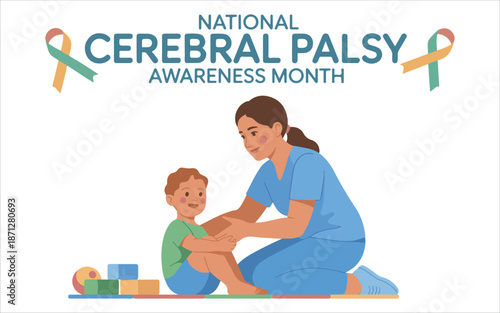 National Cerebral Palsy Awareness Month Illustration with Caregiver Supporting a Child and Awareness Ribbons