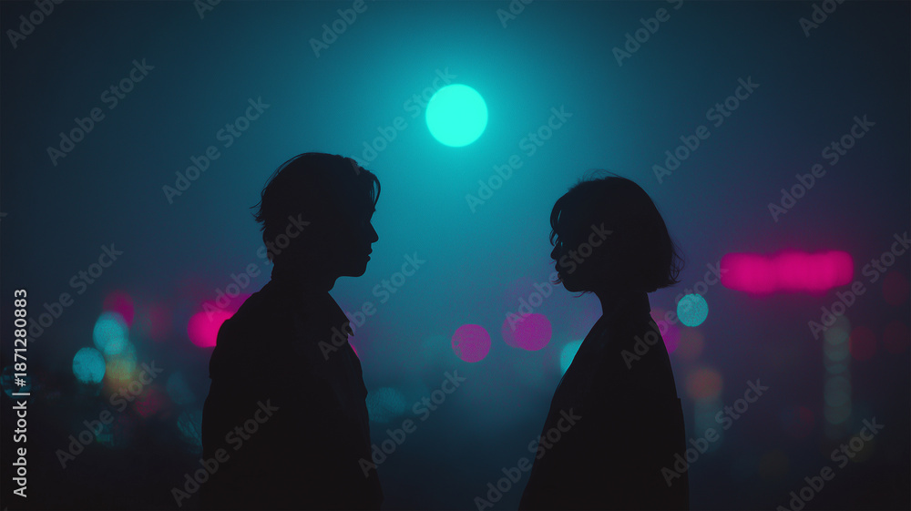 Obraz premium 都市の夜、ネオンの霧と満月逆光の中で寄り添う日本人男女のシルエット