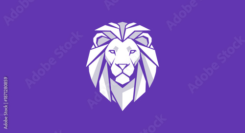 Geometric white lion head on a purple background