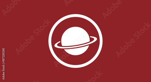 A stylized white, ringed planet within a white circle on a red background