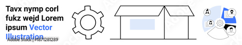 Gear element, simple house outline, and connected avatars in a network, symbolizing teamwork, project flow, planning, innovation, engineering community and collaboration. Ideal for a simple landing