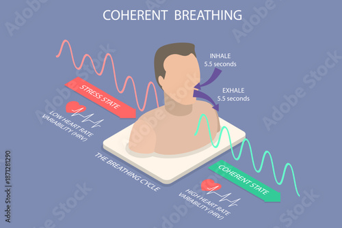 3D Isometric Flat Vector Illustration of Coherent Breathing, Stress Vs Breathing Cycle