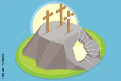 3D Isometric Flat Vector Illustration of Resurrection, Easter Sunday