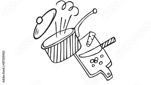 Hand drawn cooking pot with utensils steaming and on transparent background silhouette